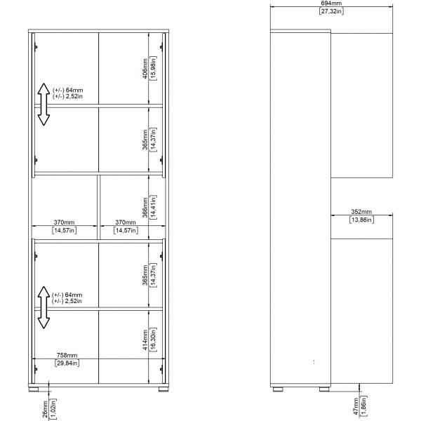 Sign hohes B�cherregal mit 4 T�ren - Wei�/Hickory
