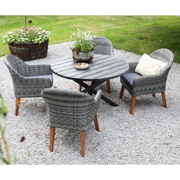 Esstischgruppe Mercury: Runder Scottsdale-Tisch in Shabby-Chic-Grau inklusive 4 Valetta-Sesseln in grauem Kunstrattan