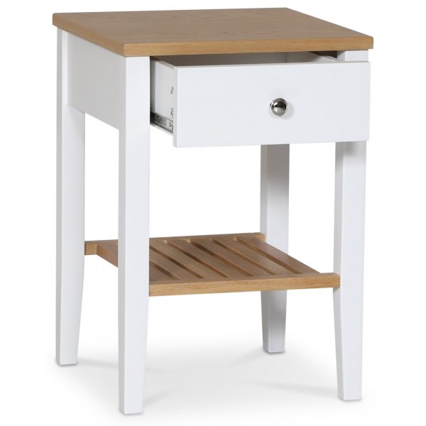 Halifax Nachttisch mit Schublade und Ablage in Eiche/Weiß + Möbelfüße Halifax Nachttisch mit Schublade und Ablage in Eiche/Weiß + Möbelfüße
