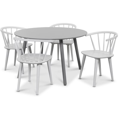 Rosvik Esstischset grau runder Tisch mit 4 weißen Dalsland Stühlen
