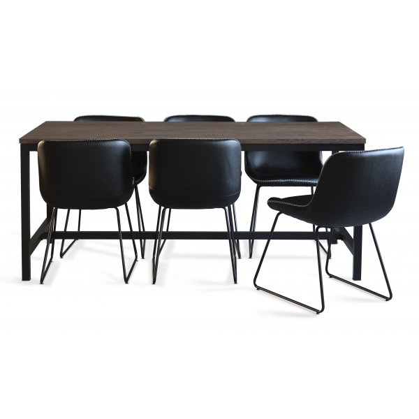 Texas-Essgruppe mit 8 Texas-Esszimmerstühlen aus schwarzem PU + Texas-Esstisch aus dunkelbrauner Eiche 200x100 cm Texas-Essgruppe mit 8 Texas-Esszimmerstühlen aus schwarzem PU + Texas-Esstisch aus dunkelbrauner Eiche 200x100 cm