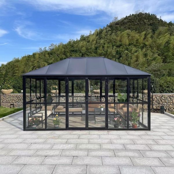 Gewächshaus Jupiter mit gehärtetem Glas - 12,8 m² - schwarz + Gewächshaus Jupiter mit gehärtetem Glas - 12,8 m² - schwarz +