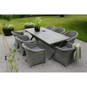Oxford-Speisegruppe im Freien; grauer Tisch 220 cm inkl. 6 Mercury-Sessel graues synthetisches Rattan Oxford-Speisegruppe im Freien; grauer Tisch 220 cm inkl. 6 Mercury-Sessel graues synthetisches Rattan