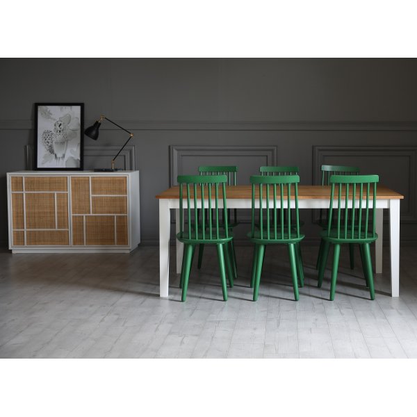 Dalsland-Essgruppe: Esstisch in Eiche / Wei mit 6 grnen Pinnstola