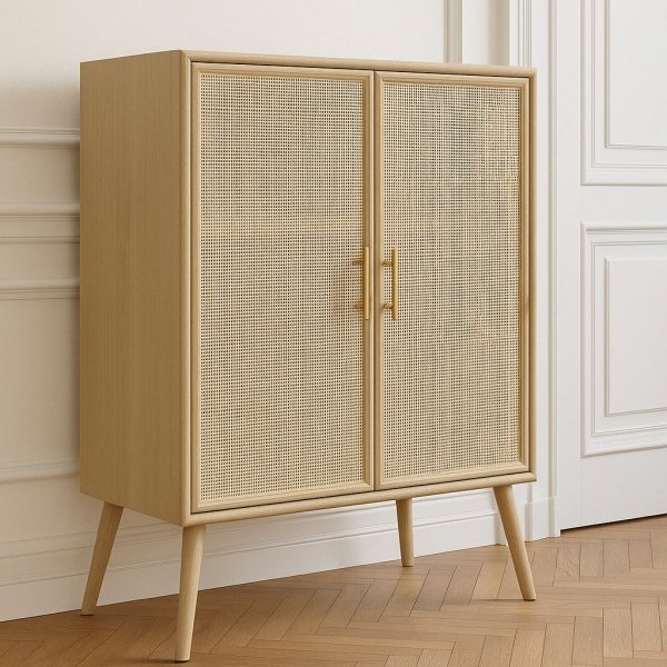 React-Schrank aus Rattan mit Messinggriffen + Fleckentferner für Möbel