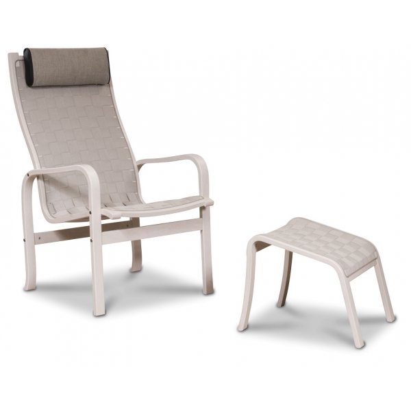 Fußhocker Frank aus Sattelgurten – weiß pigmentierte Buche + Fleckentferner für Möbel Fußhocker Frank aus Sattelgurten – weiß pigmentierte Buche + Fleckentferner für Möbel