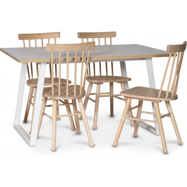 Edge-Essgruppe; Esstisch aus weiem HPL 140x90 cm mit 4 Orust-Rohrsthlen in wei getncht