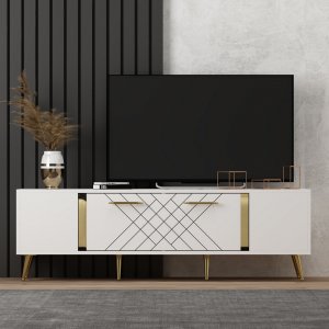 Weiße Medienbank mit goldenen Details - 150 cm Weiße Medienbank mit goldenen Details - 150 cm