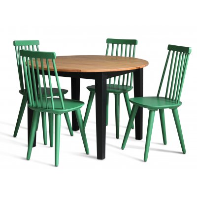 Dalsland-Essgruppe: Runder Tisch in Eiche / Schwarz mit 4 Sthlen aus grnem Rohrgeflecht